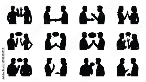 Diverse silhouettes of people interacting in various business and social settings on white background