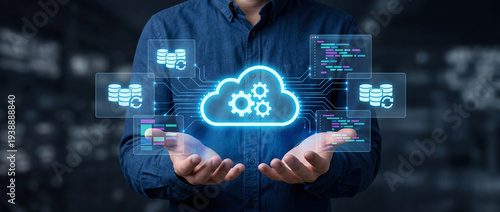 Cloud native development. Programmer developing applications for cloud computing. Cloud icon and source code illustrations.