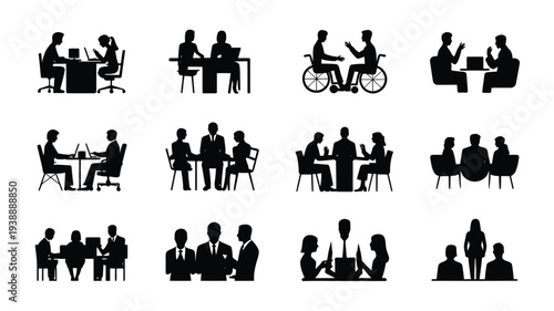 Black silhouette icons of people in various office settings and meetings including a person in a wheelchair on a white background clean vector graphic design