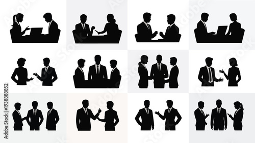 Collection of black silhouette icons depicting businesspeople interacting and working together in various professional settings and poses