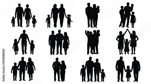 Collection of 12 black silhouettes of diverse families and individuals in various poses against a white background ideal for graphic design projects