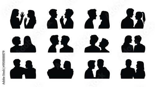 Collection of black silhouette icons showing various human interactions and relationships between men and women on white background