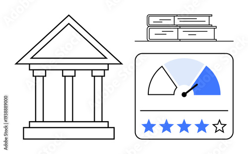 Financial services concept. Financial institutions with a pillar structure, rating gauge, and books. Financial industry credibility, education, and customer reviews. For banking, investment