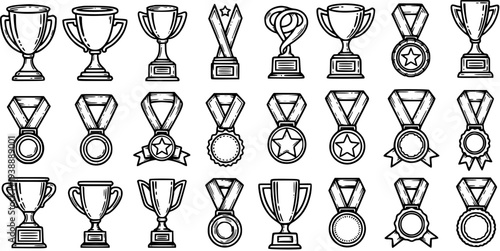 Awards Trophies and Medals Black and White Line Art Set. Outline Glyph Icons of Sports Cups, Victory Ribbons, and Achievement Symbols.