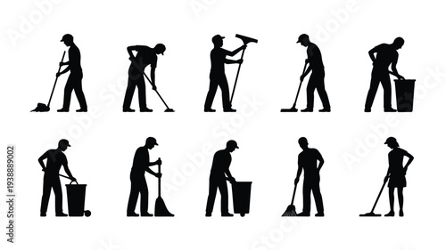 Collection of black silhouettes of janitors cleaning with various tools against a white background representing maintenance and housekeeping services