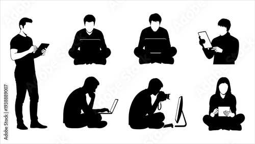 Silhouetted people using various devices in different postures