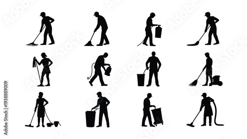 Collection of black silhouette icons featuring people cleaning with various tools and equipment on white background