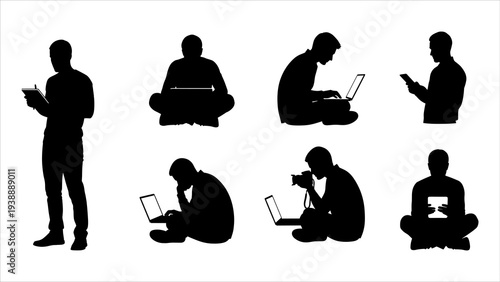 Silhouetted people using various digital devices in different postures against a plain background, viewed from multiple angles