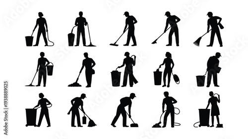 Vector illustration featuring 12 silhouettes of people cleaning with various tools and equipment in different poses