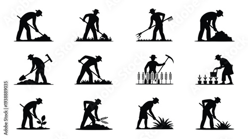 Collection of black silhouettes featuring farmers working in various agricultural tasks against a white background
