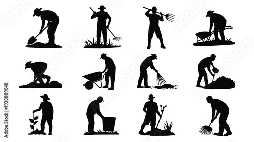 Vector silhouettes of people gardening with various tools against a white background showcasing different gardening activities and techniques