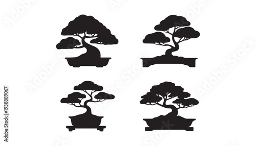 black color bonsai trees set of silhouette vector illustration, solid white background