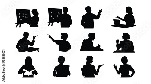 Collection of black silhouettes of people presenting teaching and communicating in various poses and settings