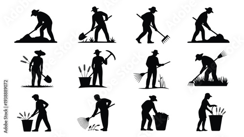 Collection of black silhouettes featuring farmers working in various gardening and agricultural tasks across three rows