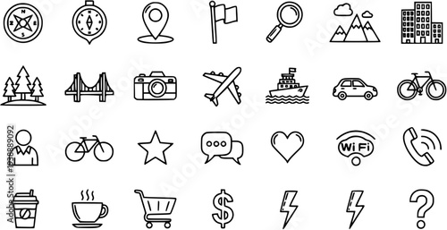 Travel, Lifestyle, and UI Web Outline Icon Set. Modern Black and White Line Art Symbols for Navigation, Communication, Shopping, and Daily Essentials.