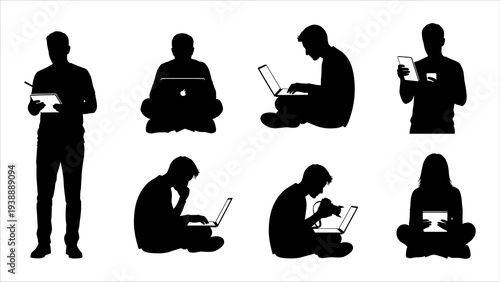 People using various devices in different poses, showcasing modern technology interaction in a simple graphic illustration