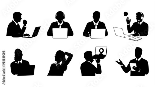 Silhouetted professionals working on laptops and communicating in a modern office environment from various viewpoints