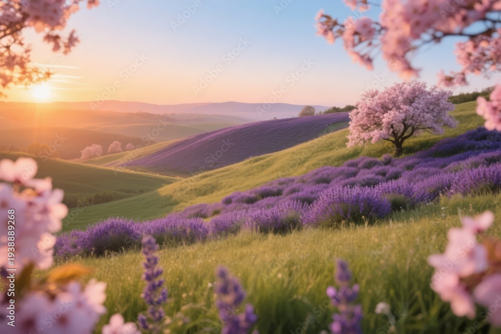Fototapeta premium A serene sunrise over rolling hills covered in blooming lavender and cherry blossoms