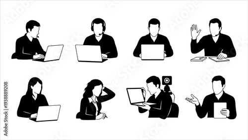 Collection of office workers engaged in various tasks with laptops, collaborative discussions, and isolated work sessions depicted in simple vector illustrations