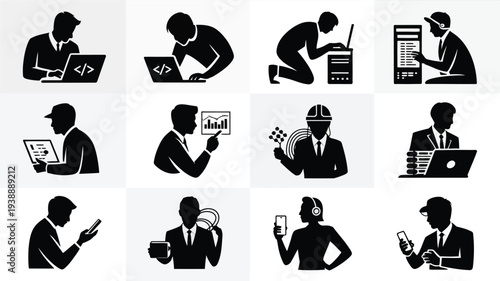 Collection of black silhouette icons depicting various professionals working on laptops and mobile devices in different poses and occupations