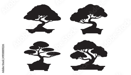 black color bonsai trees set of silhouette vector illustration, solid white background