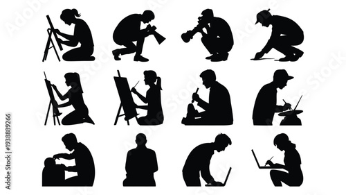 Collection of black silhouettes of artists creating art in various poses and styles on white background ideal for graphic design projects