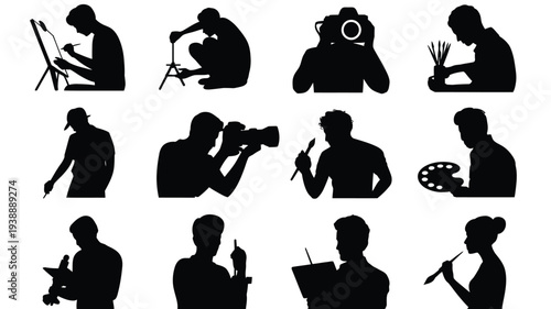 Collection of black silhouettes featuring artists and photographers at work showcasing creative processes against a white background
