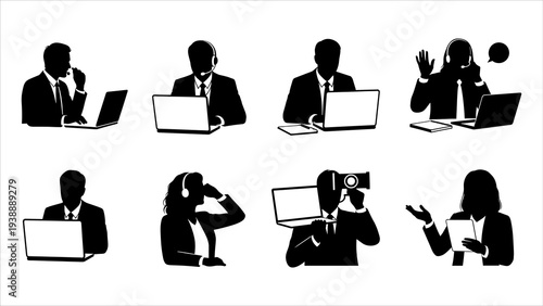 Professionals working remotely with laptops and phones, silhouetted against a plain background, viewed from various angles