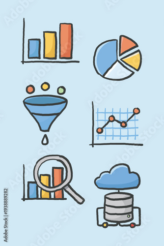 Hand Drawn Everyday Objects Icons Set – Kitchen, Gardening, Coffee, Data, File Management, and Technology Illustration