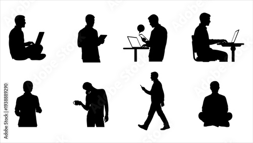 Silhouettes of people working and using laptops in various poses and locations around a workspace