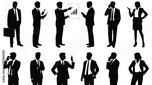 Collection of business professionals in various poses and actions black silhouettes on white background vector graphics for corporate and office themes