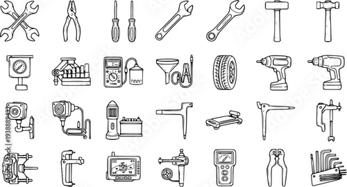 Automotive Repair Tools and Equipment Black and White Line Art Icons Set. Hand-drawn doodle symbols for mechanic service, garage, and DIY maintenance.