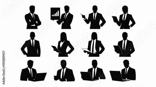 Diverse business professionals in various poses and actions vector silhouettes on white background corporate teamwork concept
