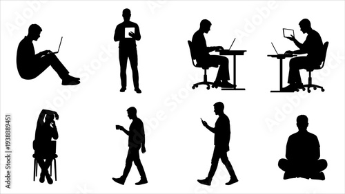 Silhouetted figures engaged in various office activities and poses, showcasing diverse work styles and environments from a neutral viewpoint