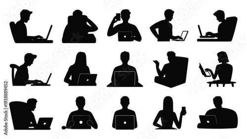 Minimalist vector design featuring 12 people working on laptops in various poses and settings