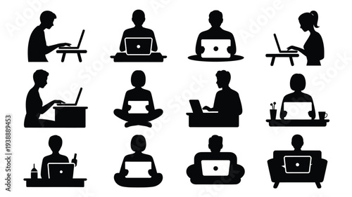 Collection of 12 minimalist black silhouettes of people working on laptops in various poses and environments on a white background