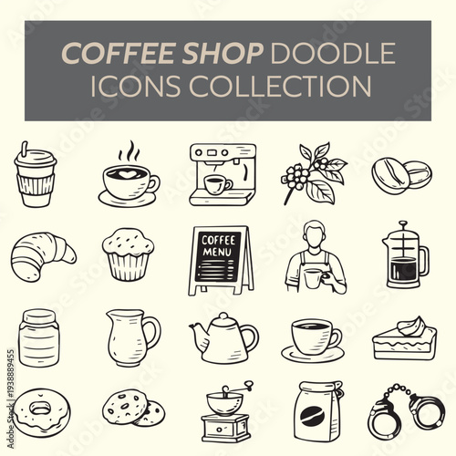 Hand drawn coffee shop icon doodle drawing coffee, beverage, espresso, cup menu