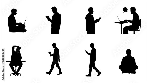 Silhouetted figures engaged in various office activities and movements, depicted in a modern minimalist style with clean lines and simple shapes