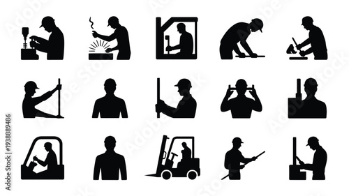 Collection of black silhouette icons depicting various workers and occupations on a white background showcasing different professions and tasks