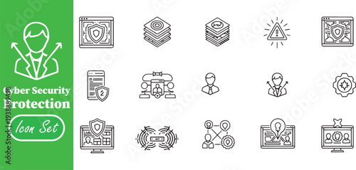 Network Security Shield and Global Data Protection Linear Icon Set