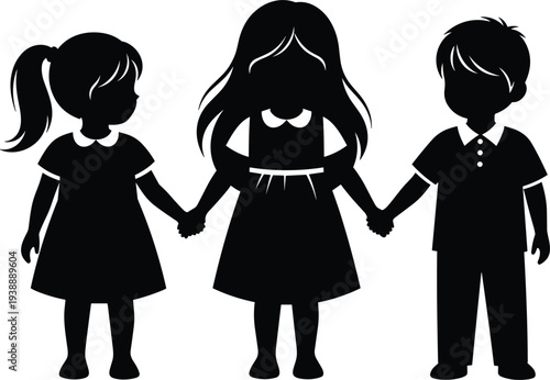 Adorable children silhouette set featuring two girls and one boy holding hands, cute childhood friendship and family bond vector illustration,