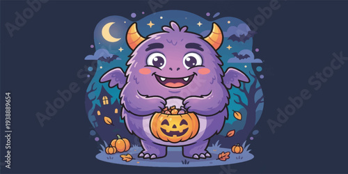 Purple Cartoon Monster Holding Pumpkin Lantern.