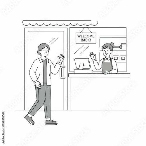Customer Enters Store Waving to Welcoming Employee