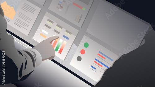 Business intelligence concept with a person analyzing colorful data charts and graphs on a digital screen in a dark room with a futuristic feel