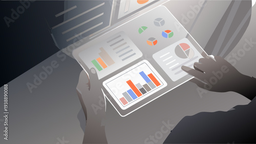 Holographic data visualization on a transparent tablet with colorful graphs and charts being interacted with by a person's hands in a futuristic setting