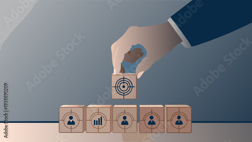 Business strategy concept with hand placing target block on wooden cubes with people and graph icons