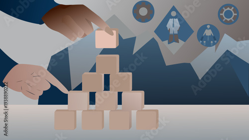 Hands arranging wooden blocks in a pyramid shape on a table with a mountainous background and business icons