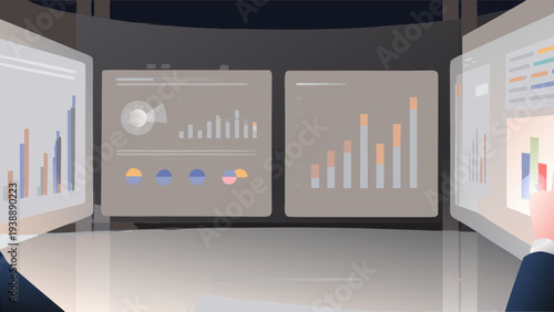 Advanced analytics interface with multiple screens displaying colorful bar charts and graphs in a futuristic room