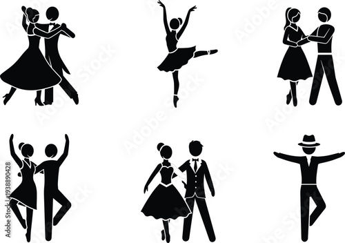 Ballroom dancing couple silhouette, ballet dancer, salsa partners, tango performance, wedding dance icons, choreography set, professional dancers, elegant poses, vector illustration,