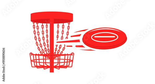 Disc Golf Basket and Flying Disc - Red Silhouette on White Background